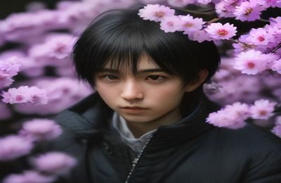 二次元风格插画中的少年角色手持长剑站在樱花树下，色调鲜亮充满动漫感